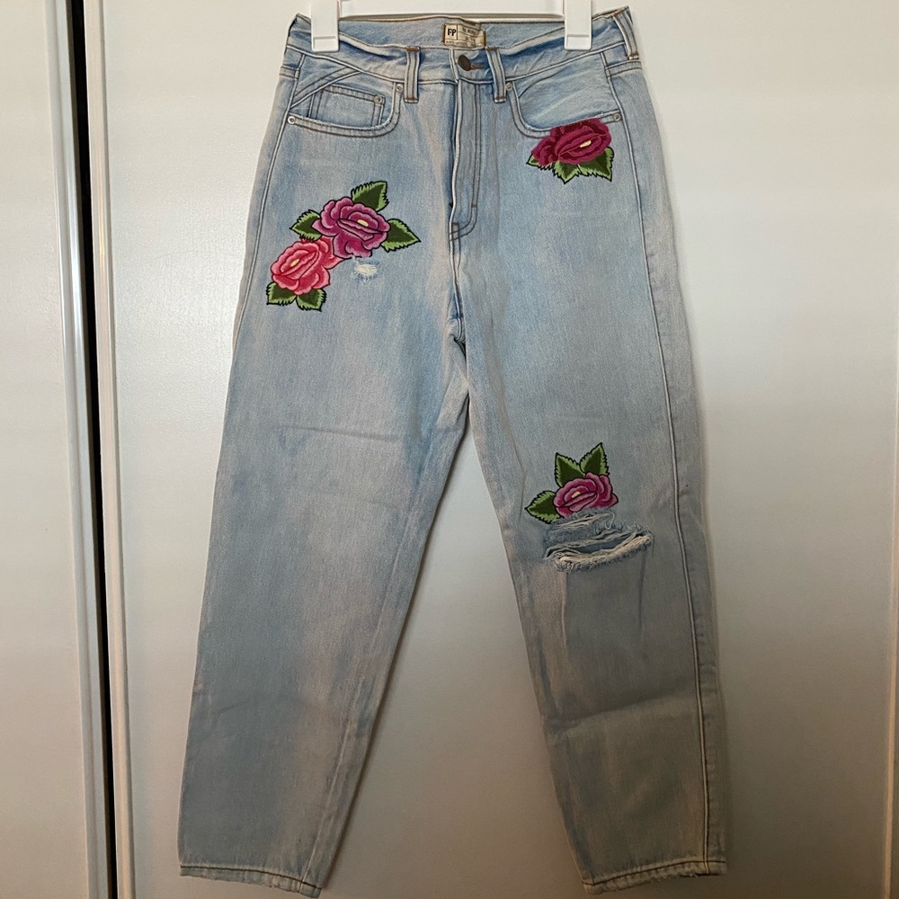 Free people floral embroidered mom jeans
